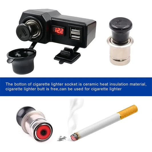 Motorcycle Dual USB Charger with Port Cigarette Lighter Socket Temperature and Voltage Display for Phone Tablet Quick Charging