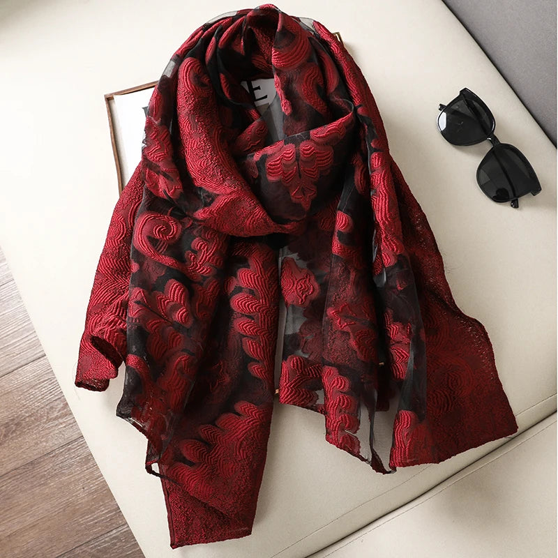 Fashion Women Cut Flowers Hollow Lace Gradient Flower Silk Scarf Spring Shawls and Wraps Towel Femme Beach Sjaals
