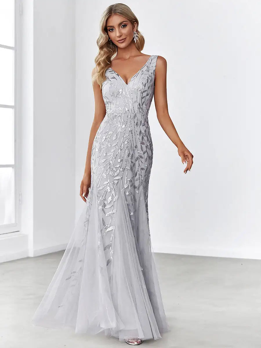 BAZIIINGAAA Party Dress Sexy Double V-Neck Sequin Mermaid Maxi Dresses For Evening Evening Dress