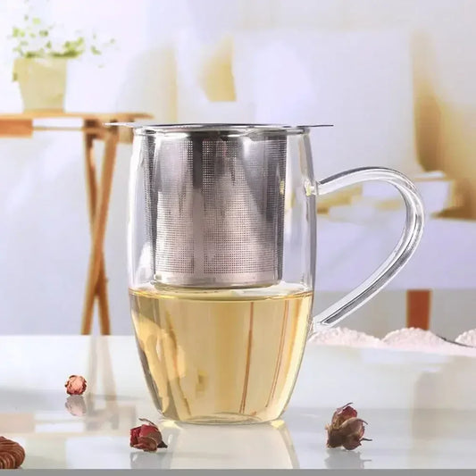 Loose Leaf Tea Infuser Stainless Steel Double Handle With Lid Fine Mesh Coffee Filter Hanging Cup Leak Proof Strainer