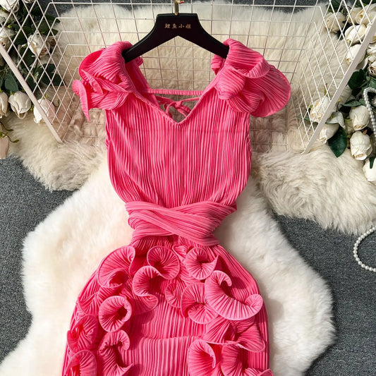High End Light Luxury Women's Pleated Three-dimensional Ruffle Edge Slim Fit Dress 2025