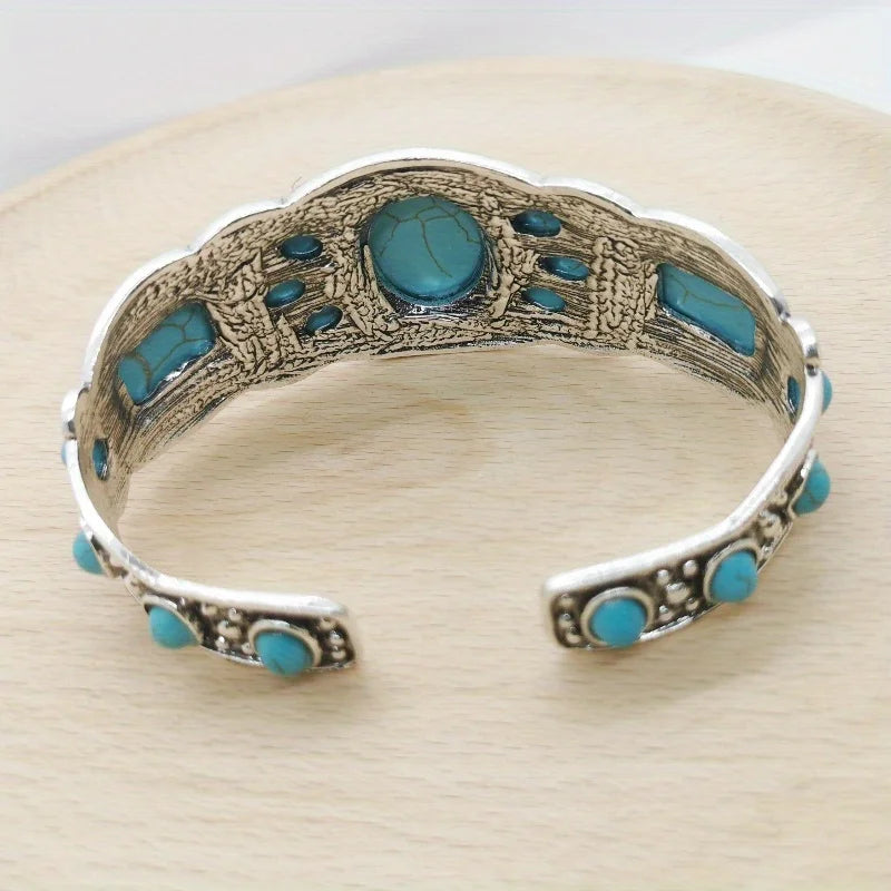 Women's Vintage Bohemian Jewelry Cuff Bracelet with Faux Turquoise Opening Adjustable Bracelet Holiday Party Accessories