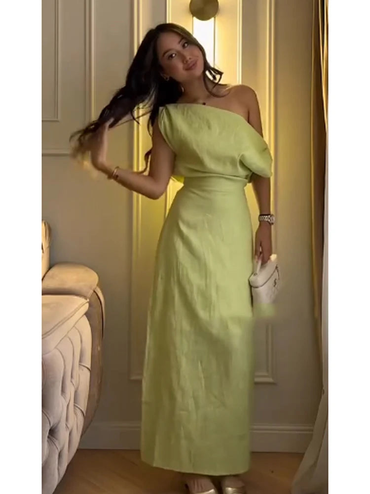 Women Off-shoulder Linen Maxi Dresses Elegant Waist-cinching Side Split Ankle-length Dresses 2026 Summer New Lady Casual Robes