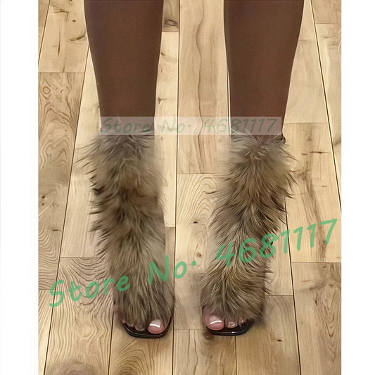 Brown Real Fur Stiletto Sandals Women Fashion Sexy Black Patent Leather High Heels Party Sexy Multi Buckle Strap Furry Shoes