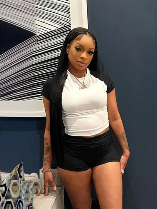 Weird Puss Sporty Patchwork 3 Piece Set Women Casual Summer Headband+Crop Top+High Waist Bike Shorts Street Matching Tracksuit