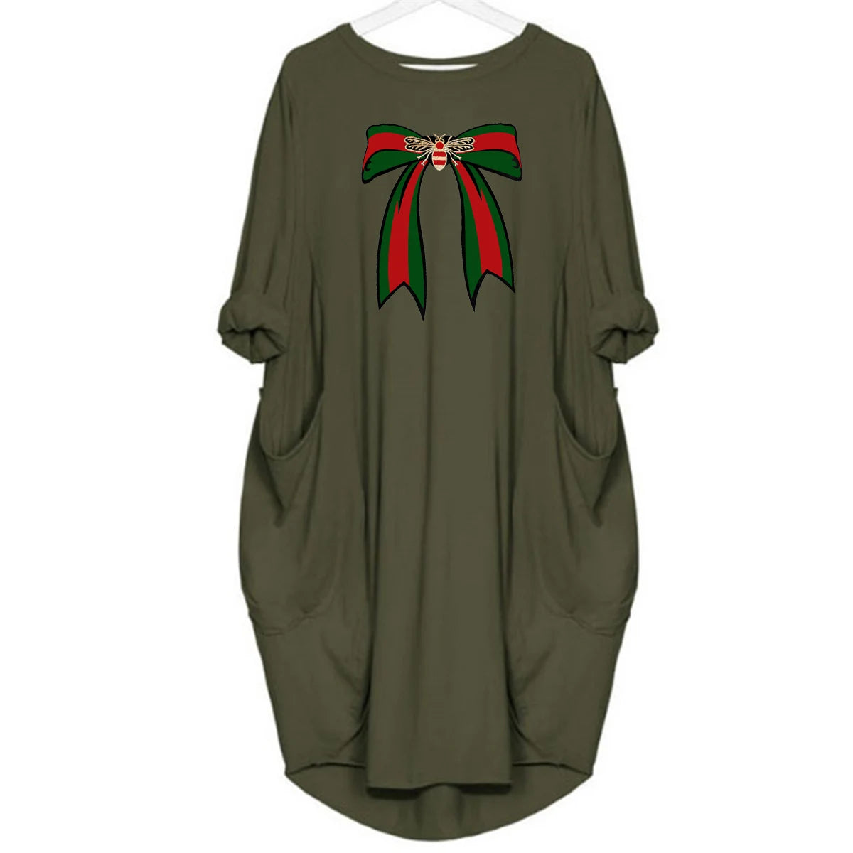 Ladies' summer loose bee bow pattern printed round neck short sleeved pocket comfortable casual plus size dress