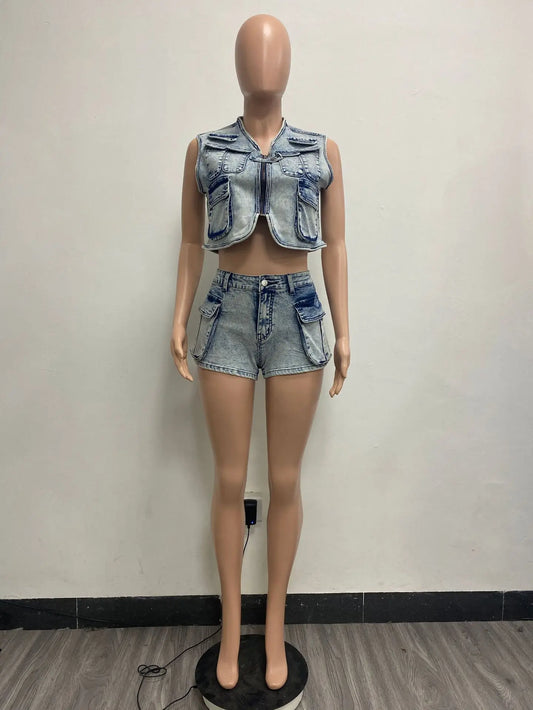Multi Pockets Jeans Shorts Outfit Set Sexy Women Elegant Two Pieces Denim Club Matching Set Top+Shorts