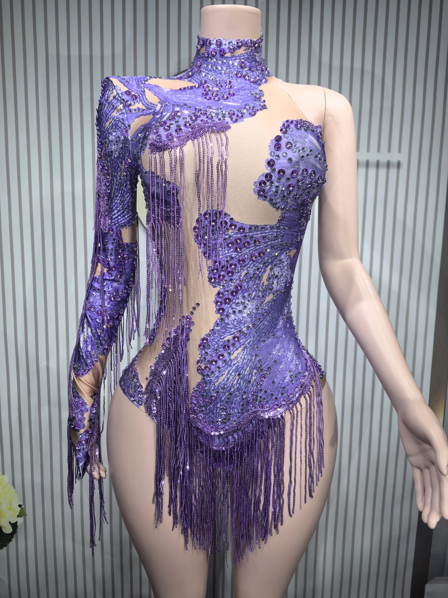 Sexy Skinny Leotard Singer Dancer Show StageWear Sparkly Blue Rhinestones Women DanceCostume Fringes One Shoulder Bodysuit 7G