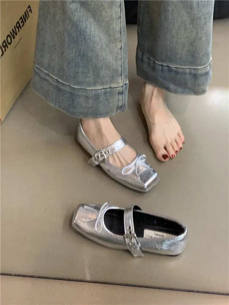 Women's Square Toe Shoes New Luxury Bow Flats Ladies Ballet Silver Belt Buckle Footwear Elegant Fashion Mary Jane Shoes Zapatos