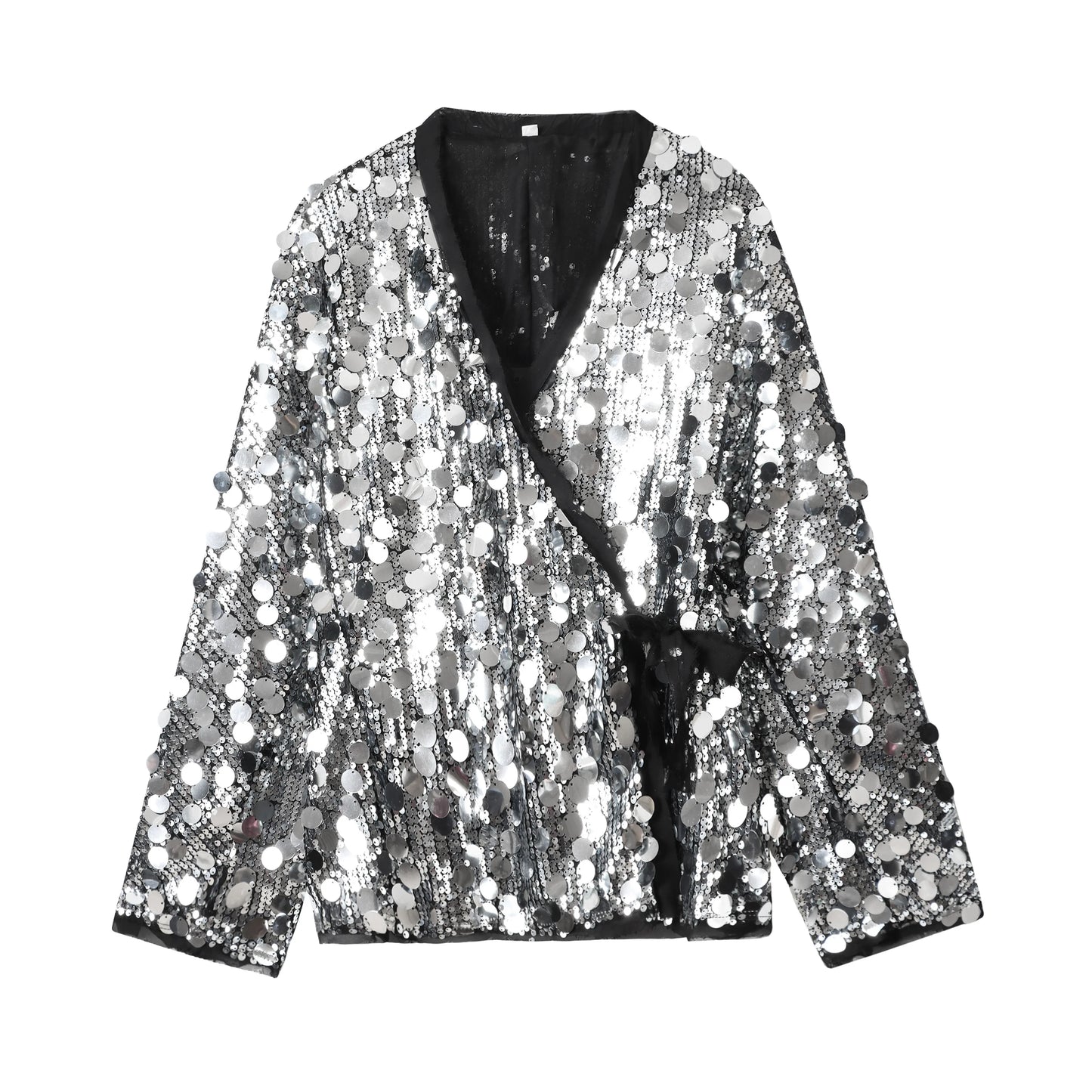 YENKYE New Autumn Women Sequin Kimono Jacket Coat Long Sleeve V Neck Female Casual Loose Outerwear Chic Lady Wrap Outfits
