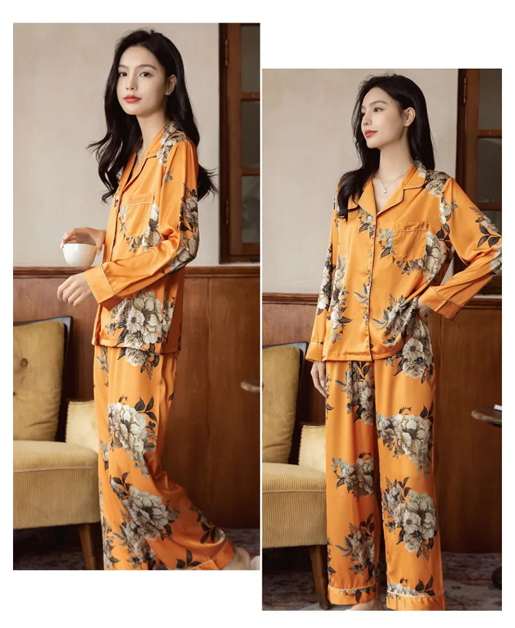 2026 New Ice Silk Thin Casual Women Pajamas Long Sleeve Set Women's Homewear
