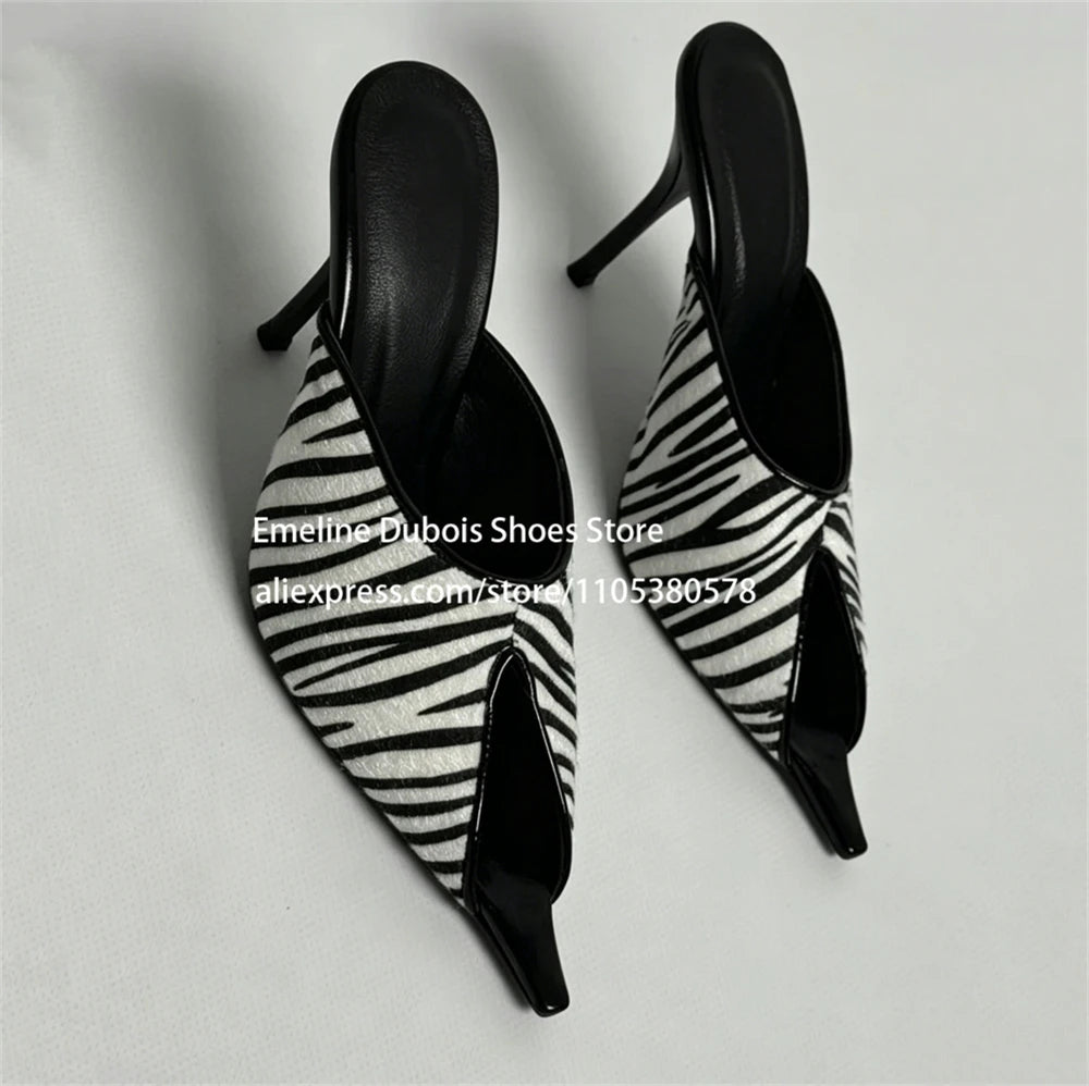 Zebra Print Faux Pony Hair Cutout High Heel Sandals Women Pointed Toe Slip on Stilettos Mules Sexy Party Ladies Dress Sandals