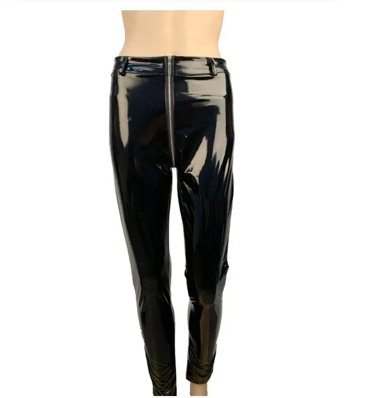 Women PU Leather Skinny Slim Trouser Gothic Punk Leggings Fishnet Trim Lace Pant Faux PU Leather Pencil Pants Club Clothing