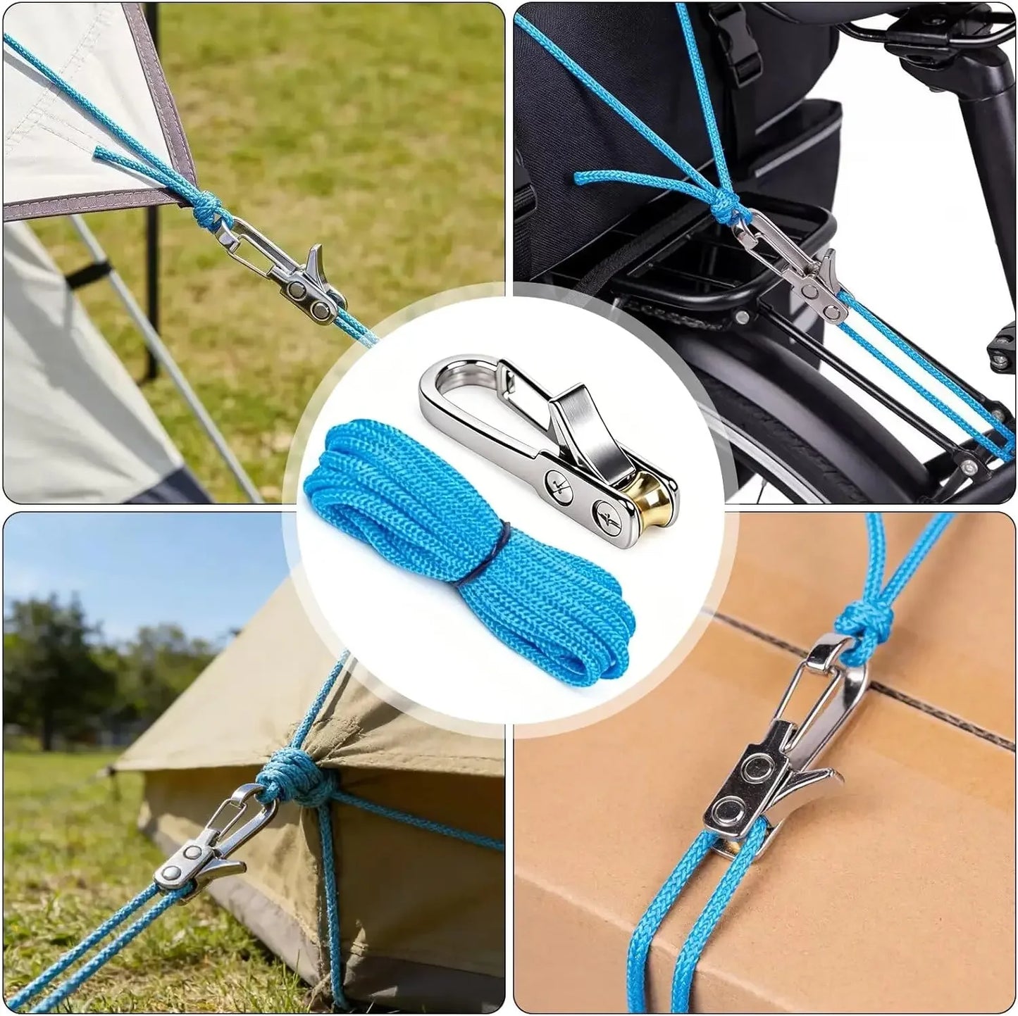 Heavy-duty rope lashing tools and tensioners, roller tensioners and adjustable buckles, with auxiliary ropes, ideal for camping