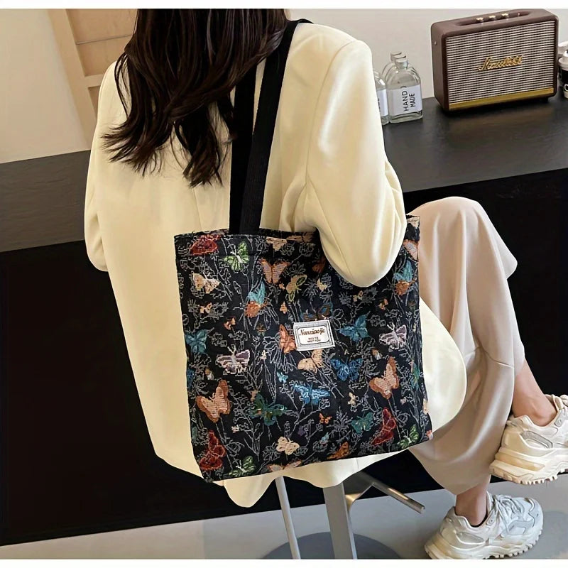 Women's Bag Butterfly Flower Print Embroidery Shoulder Bags Fashionable Canvas Handbags Large Capacity Zipper Shopping Bag