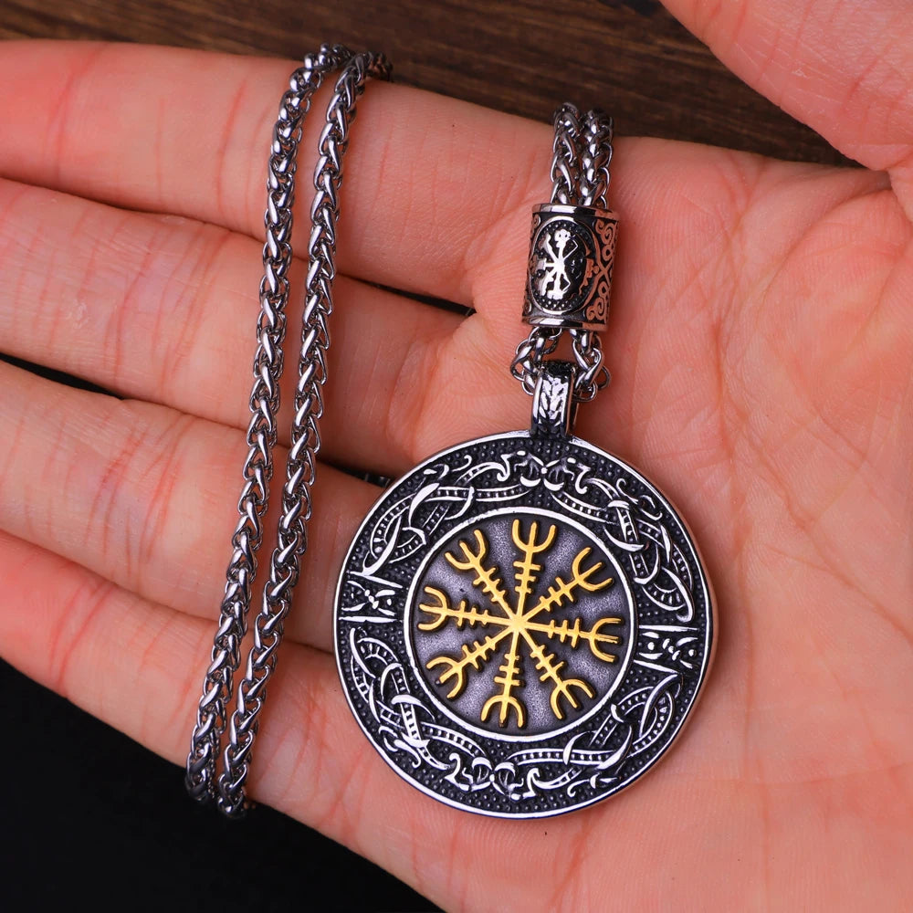 Vintage Vegvisir Viking Compass Pendant Necklace for Men Stainless Steel Fashion Nordic Amulet Beaded Necklace Jewelry Wholesale