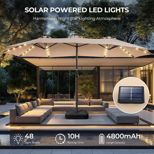 Double Sided Patio Umbrellas - 15ft Solar Lights LED Lighted Outdoor Extra Large Market Table Umbrella with Base, Customized