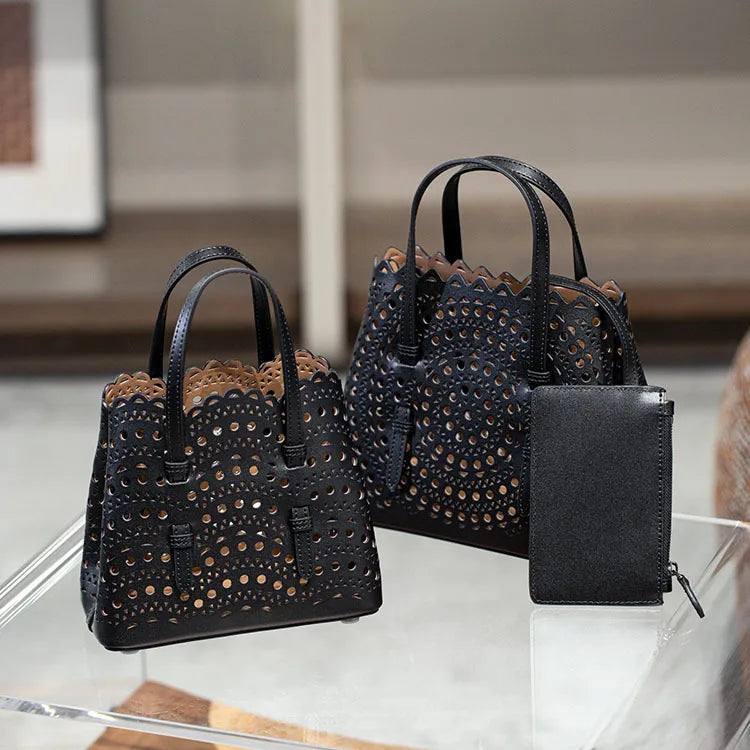 New Tote Bag French Cowhide Handmade Bag Niche Laser Engraved Hollow Leather Vegetable Basket Bag Casual Versatile Temperament
