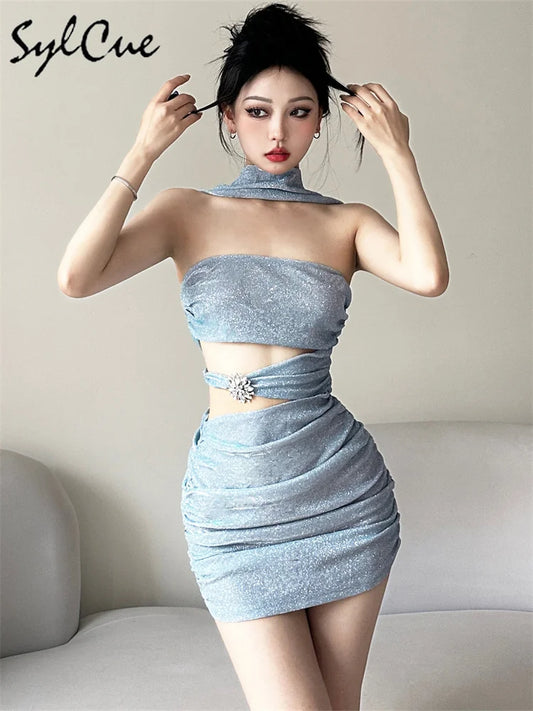Sylcue Solid Color Flash Hollow Summer Bachelor Party Sexy Mature Beautiful Confident Tight Hot Cool Women's Halter Dress