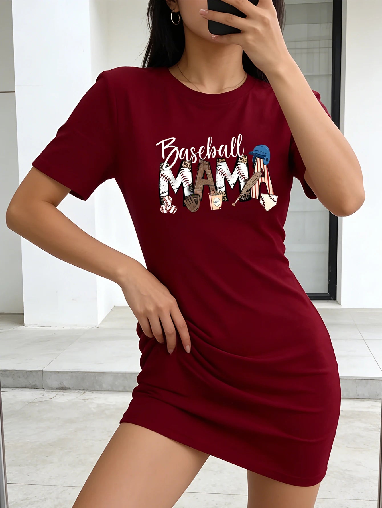Baseball Mom Printed Ladies' Casual Short-Sleeved Dress, Round Neck Casual Wear, Suitable for All Seasons Casual Wearing