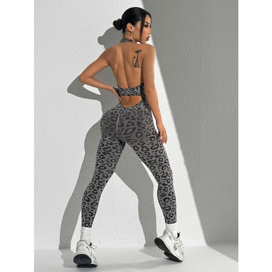 Seamless Leopard Print Jumpsuit Women's Tight Fitting Hanging Neck Jumpsuit Hip Lifting and Sexy Shaping Fitness Yoga Outfit