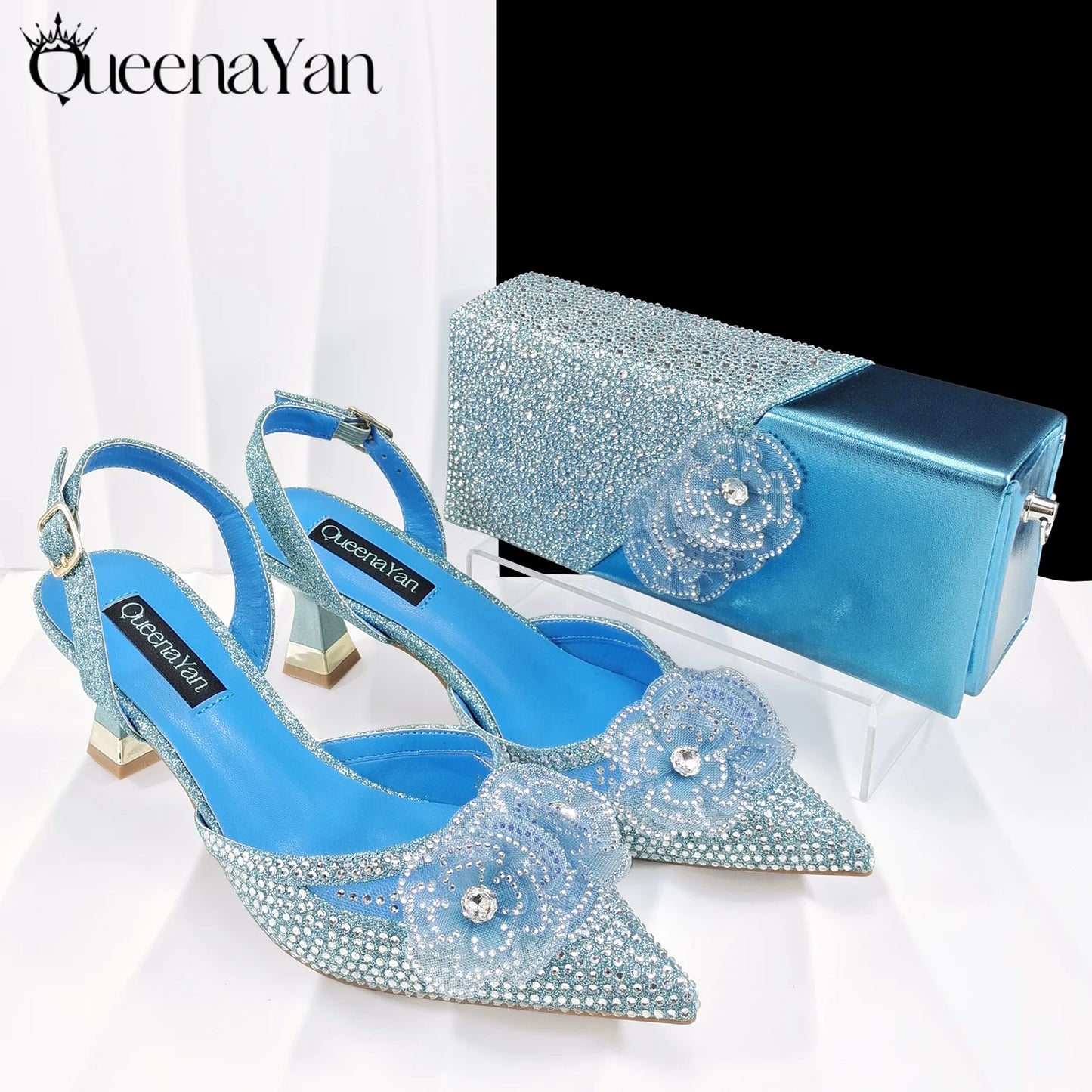 QueenaYan 2026 Elegant Silver Pointed-Toe High Heels Shoes with Diamond Accents & Matching Bag - Ideal for Party Elegance
