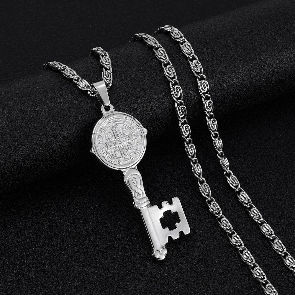 Catholicism Saint Benedict Key of Life Pendant Necklace for Women Men Stainless Steel Hip Hop San Benito Medal Necklaces Jewelry