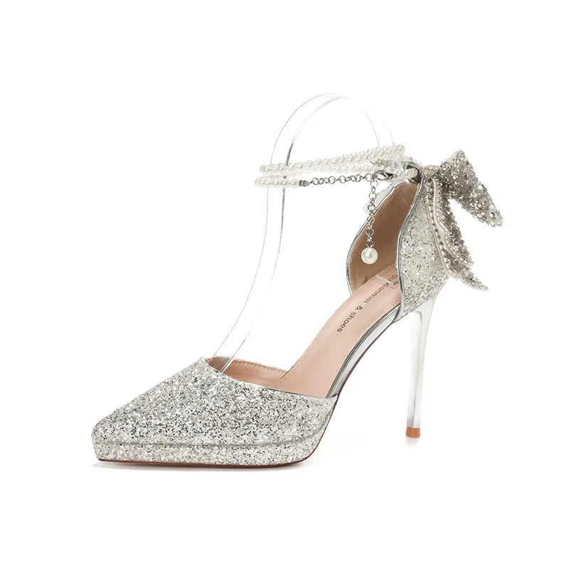 Shiny Glitter Bow Pearl Chain High Heels Wedding Banquet Dress Wedding Shoes Women's Shoes
