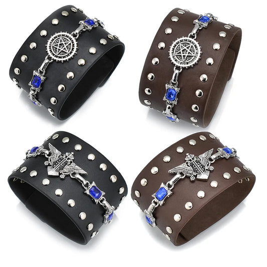 leather punk bracelet Black PU Leather Bracelet For Women Men Vintage Punk Wide Bangles Jewelry