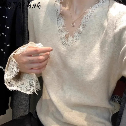 Matakawa Lace Ruffles Woman Sweaters V Neck Autumn Winter Flare Sleeve Solid Pullovers Korean Fashion Elegant Pull Femme