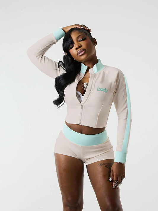 Nibber Embroidery Letter Patchwork Women 2 Piece Set Zip Crop Jacket+Mini Shorts Stretch Casual Street Sporty Hipster Outfits