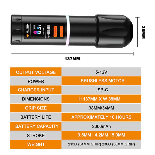 PEPAX Leve H3 Wireless Tattoo Pen Machine 3.5/4.2/5.0mm Strokes Tattoo Gun 2000mAh 2 Batteries LED Display Cartridge Tattoo Pen