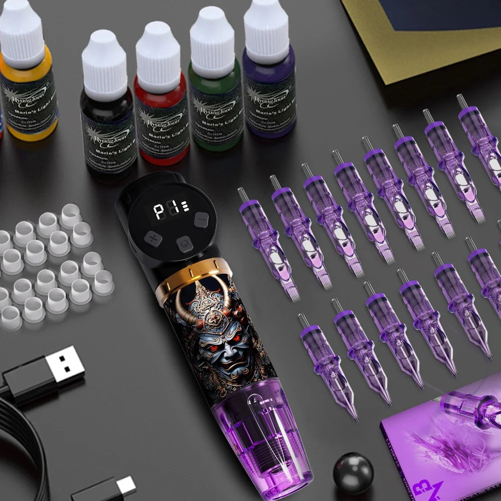 Valentine's Day Gift Wireless Tattoo Pen Set, 1500mAh Battery USB Charging, 20 Needles, 11-color Tattoo Ink And 20 Tattoo Cups,