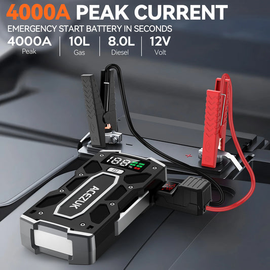 4000A Car Battery Jump Starter 20000mAh Power Bank 150PSI Air Compressor LED Flashlight with Smart Cable EVA Carry Bag for SUV