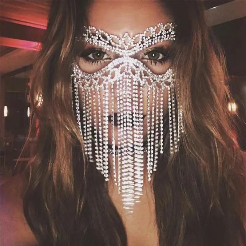 Charms Sexy Rhinestone Tassel Masquerade Face Jewelry For Women Facial Accessories Banquet Party Mask Full Face Chain Decoration
