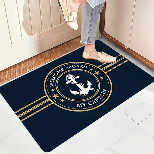 Welcome Aboard My Captain Door Mat Nautical Anchor Rope Design Non-slip Floor Rug for Living Room Bedroom Office Home Decor