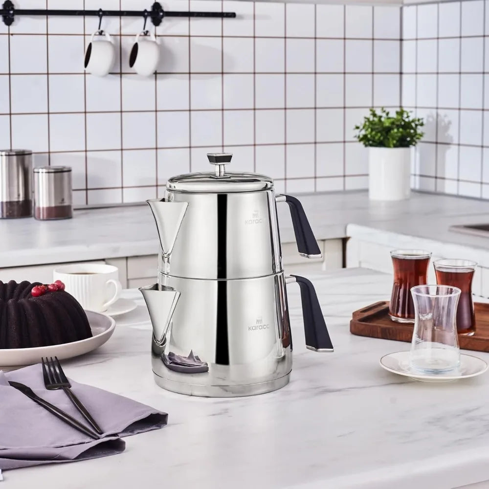Stainless Steel XL Turkish Teapot Set with 1L Pot and 2L Tank, Compatible with Stovetop and Induction, Elegant Design for Large