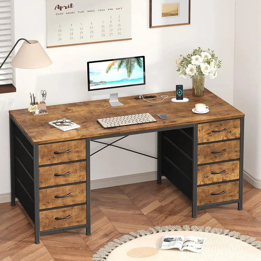 50-inch Rustic Brown Study Desk with 8 Drawers, Power Outlets for Home Office and Gaming