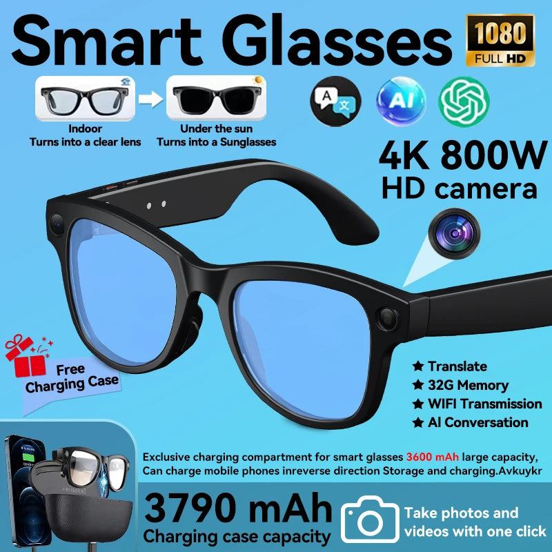 4K 800W HD Camera AI Smart Glasses Men Record Video 3790mAh Battery Languages Translation 3D Music Player Glasses With Camera