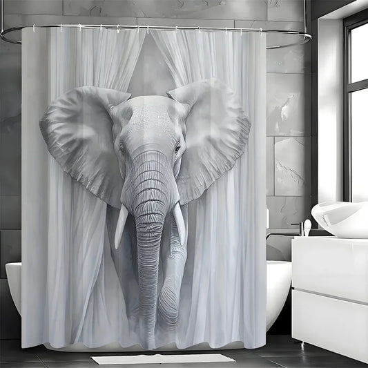 Gray Elephant Shower Curtain, Bathroom Decorative Shower Curtain, Waterproof Shower Curtain with Hooks 180x180cm