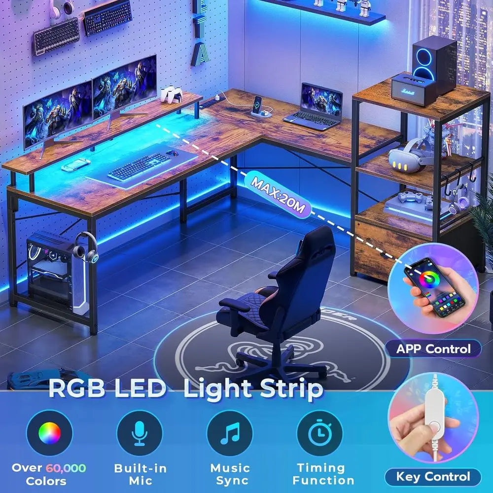 51 Rustic Brown Gaming Desk with LED Lights, Monitor Stand, Fabric Drawer, and Storage Shelves
