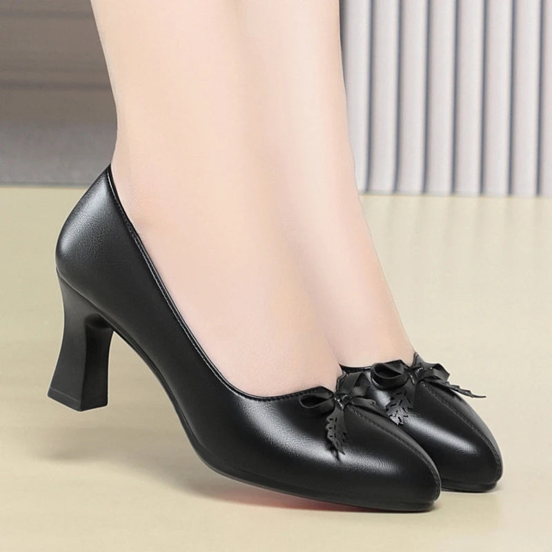 Womens Elegant Bow Decor Block Heel Pumps Smooth Faux Leather Upper Pointed Toe Design Comfort Cushioned Insole NonSlip Outsole