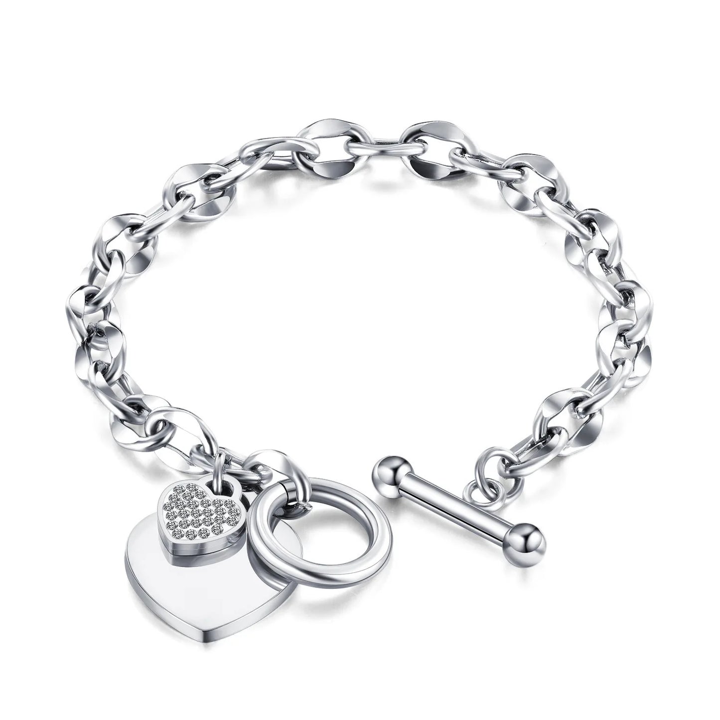 1pc Stainless Steel Bracelet With Heart Pendant, Double Heart OT Buckle Couple Bracelet Unisex