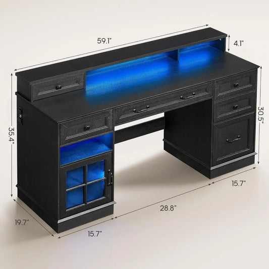 Administrative desk with drawers, computer desk with file drawers, power sockets, and LED lights, administrative desk