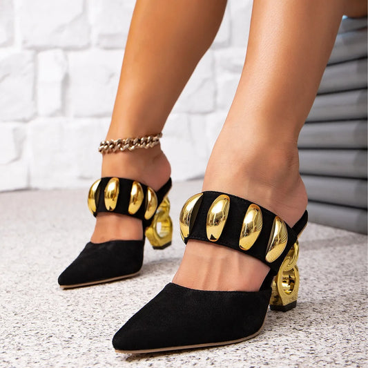 High heel sandals, special-shaped high heels, gold buckles, party fashion, back space, comfortable and simple sandals, women