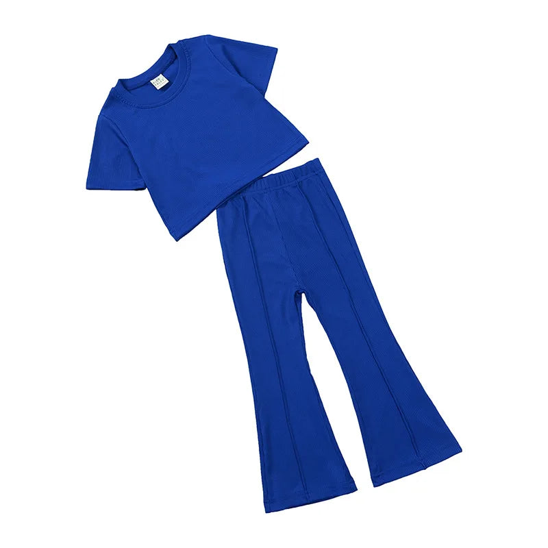 Summer Girls Bell Bottom Outfits 2Pcs Solid T-Shirt Tops + Flared Pants Suit Toddler Kids Fashion Tracksuit Children Clothes