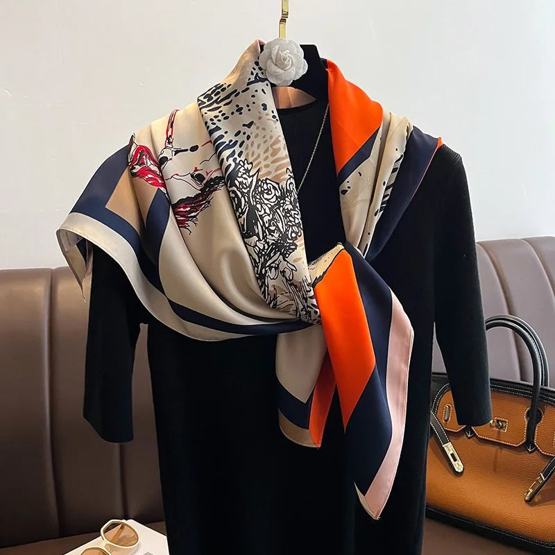 Luxury2025Square Silk Scarf for Women 90*90Hijab Hair Bands Neckerchief Female Satin Shawl Ribbon Headband Fashion Wraps