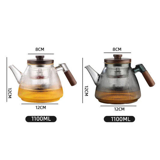 Stripe High Borosilicate Glass Teapot With Walnut Handle Cooking and Steaming Dual Purpose Glass Tea Pot Tea Kettle Teaware