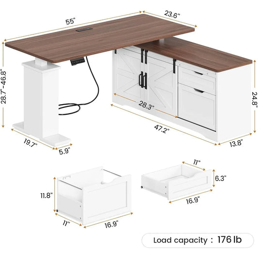 SEDETA Farmhouse L Shaped Standing Desk, 55 inch Height Adjustable Corner Desk with Storage Drawers, Standing Computer Desks wit