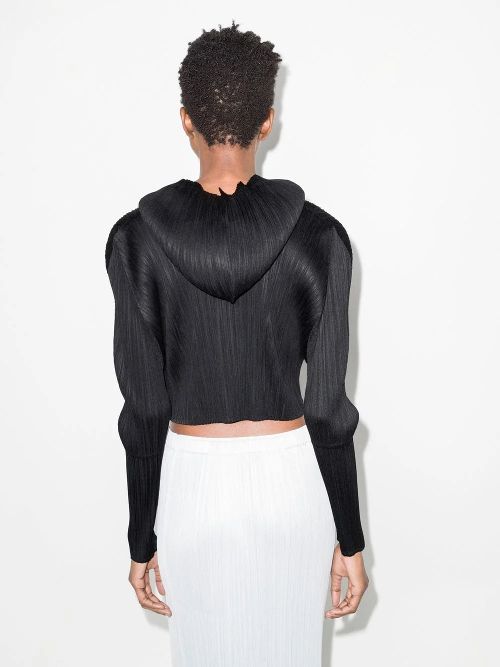 Miyake Pleated Long Sleeved Short Cropped Hoodie Black Tops